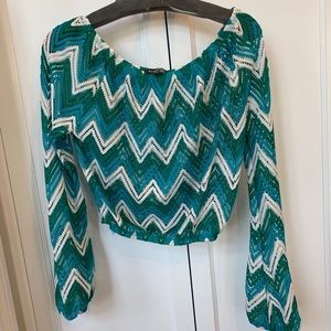 Bebe blue, white and green eyelet off shoulder top